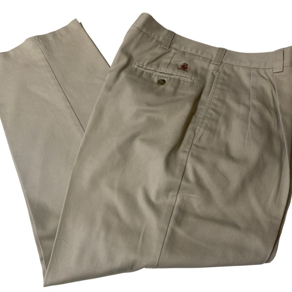 Tommy Hilfiger Mens Pleated Chino Pants Tan Khaki Cotton Twill Trousers 34x30